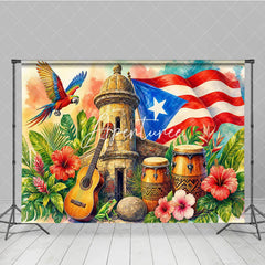 Aperturee - Aperturee Vibrant Caribbean Tropical Holiday Backdrop with Red White Blue Flag Historic Stone Tower and Musical Instruments