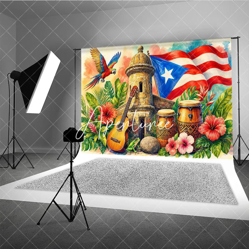 Aperturee - Aperturee Vibrant Caribbean Tropical Holiday Backdrop with Red White Blue Flag Historic Stone Tower and Musical Instruments