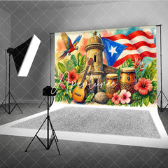 Aperturee - Aperturee Vibrant Caribbean Tropical Holiday Backdrop with Red White Blue Flag Historic Stone Tower and Musical Instruments