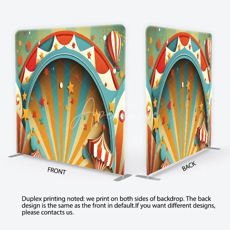 Aperturee - Aperturee Vibrant Carnival Circus Theme Square Double-Sided Backdrop featuring Stars and Hot Air Balloon for Party Decor