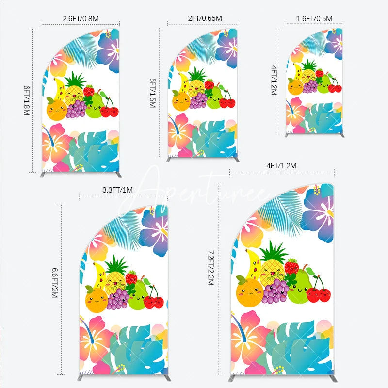 Aperturee - Aperturee Vibrant Cartoon Fruit Half Moon Arch Backdrop with Tropical Leaves Cheerful Summer Birthday Party Decor