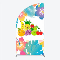 Aperturee - Aperturee Vibrant Cartoon Fruit Half Moon Arch Backdrop with Tropical Leaves Cheerful Summer Birthday Party Decor
