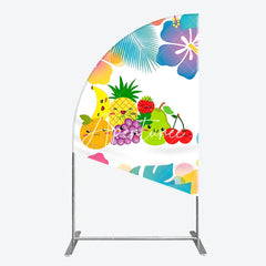 Aperturee - Aperturee Vibrant Cartoon Fruit Half Moon Arch Backdrop with Tropical Leaves Cheerful Summer Birthday Party Decor