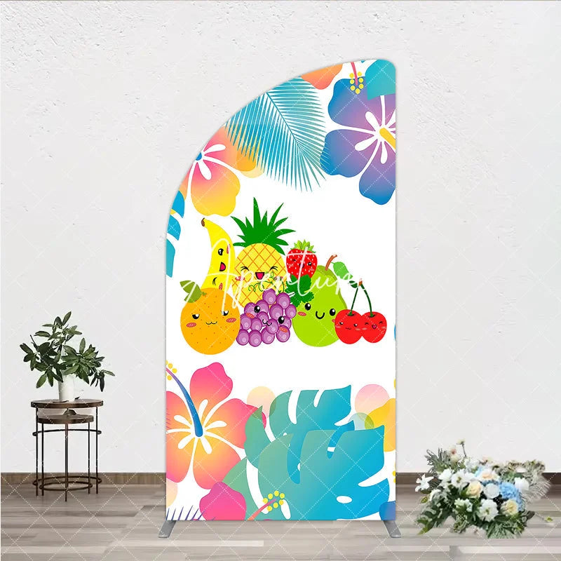 Aperturee - Aperturee Vibrant Cartoon Fruit Half Moon Arch Backdrop with Tropical Leaves Cheerful Summer Birthday Party Decor