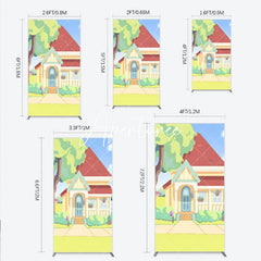Aperturee - Aperturee Vibrant Cartoon House Rectangle Arch Backdrop Featuring Red Roof Blue Door for Kids Party Decoration