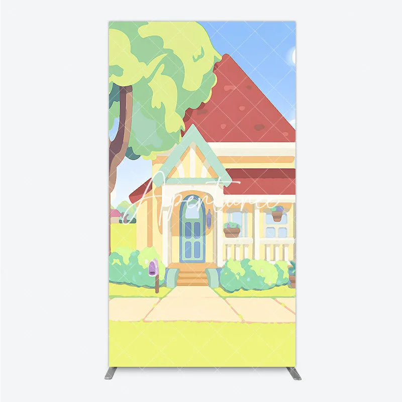 Aperturee - Aperturee Vibrant Cartoon House Rectangle Arch Backdrop Featuring Red Roof Blue Door for Kids Party Decoration
