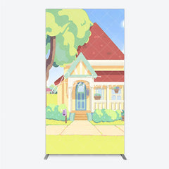 Aperturee - Aperturee Vibrant Cartoon House Rectangle Arch Backdrop Featuring Red Roof Blue Door for Kids Party Decoration