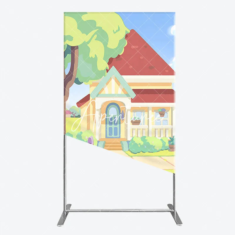 Aperturee - Aperturee Vibrant Cartoon House Rectangle Arch Backdrop Featuring Red Roof Blue Door for Kids Party Decoration