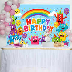 Aperturee - Aperturee Vibrant Cartoon Monster Happy Birthday Backdrop with Rainbow Balloons and Confetti Playful Party Decor