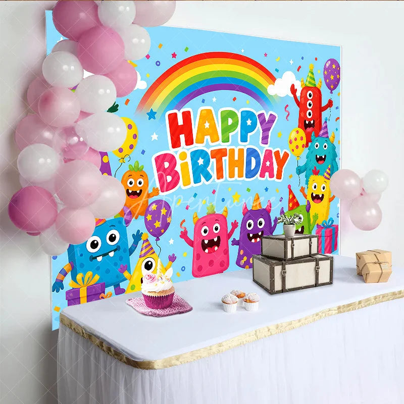 Aperturee - Aperturee Vibrant Cartoon Monster Happy Birthday Backdrop with Rainbow Balloons and Confetti Playful Party Decor