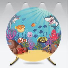 Aperturee - Aperturee Vibrant Cartoon Underwater Ocean Round Backdrop featuring Dolphin Shark and Sea Creatures for Kids Party