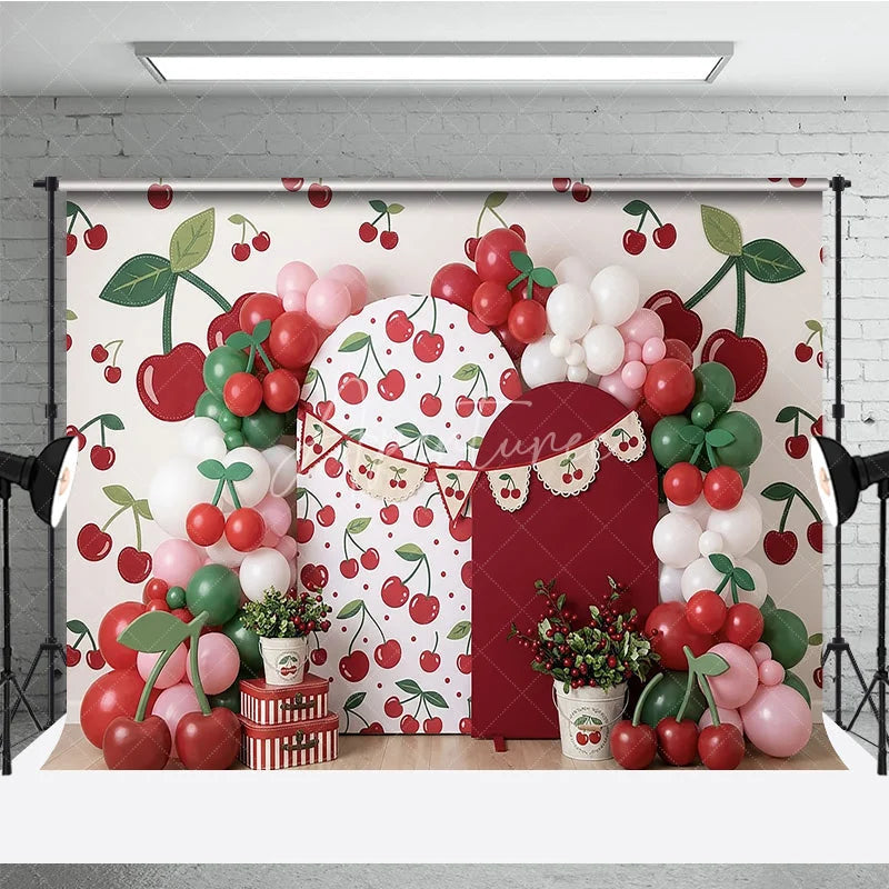 Aperturee - Aperturee Vibrant Cherry Pattern Photography Backdrop with Red and Green Balloons Sweet Fruit Theme Birthday Party Decor