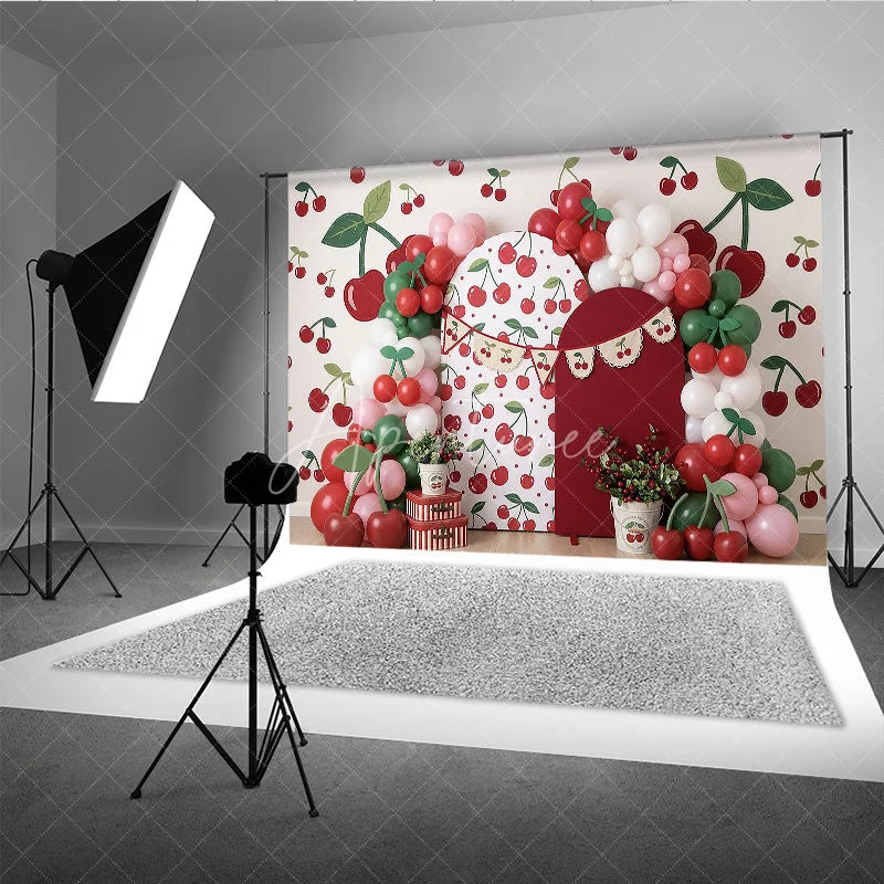 Aperturee - Aperturee Vibrant Cherry Pattern Photography Backdrop with Red and Green Balloons Sweet Fruit Theme Birthday Party Decor