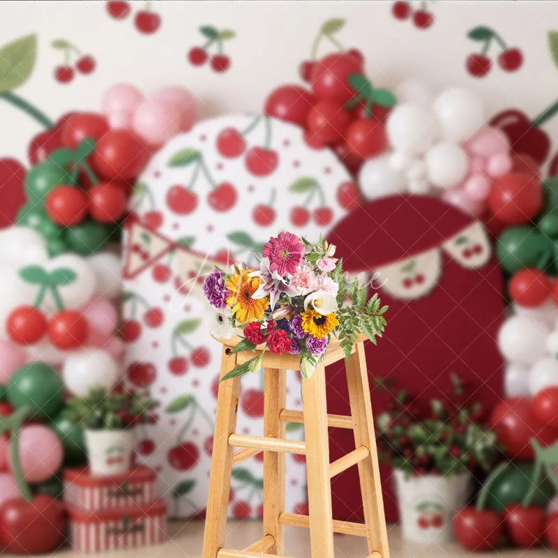 Aperturee - Aperturee Vibrant Cherry Pattern Photography Backdrop with Red and Green Balloons Sweet Fruit Theme Birthday Party Decor