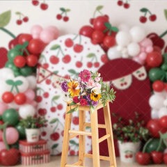 Aperturee - Aperturee Vibrant Cherry Pattern Photography Backdrop with Red and Green Balloons Sweet Fruit Theme Birthday Party Decor
