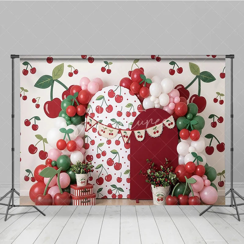 Aperturee - Aperturee Vibrant Cherry Pattern Photography Backdrop with Red and Green Balloons Sweet Fruit Theme Birthday Party Decor