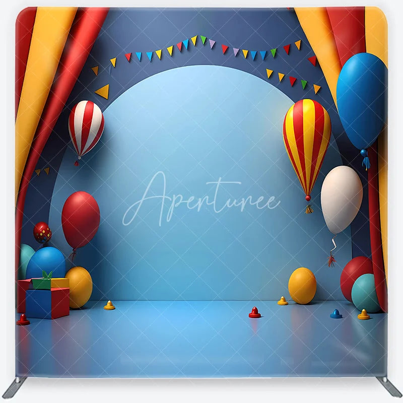 Aperturee - Aperturee Vibrant Circus Theme Balloons and Pennant Banner Square Double-Sided Backdrop Festive Birthday Party Decor