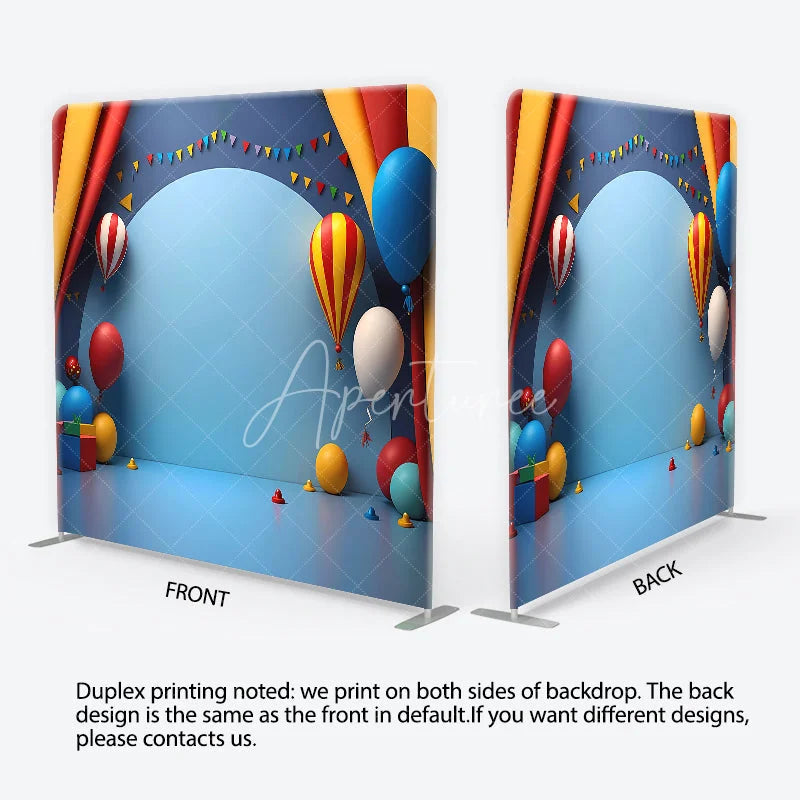 Aperturee - Aperturee Vibrant Circus Theme Balloons and Pennant Banner Square Double-Sided Backdrop Festive Birthday Party Decor