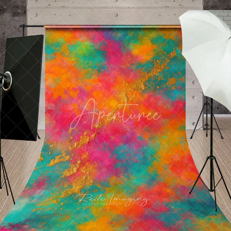 Aperturee - Aperturee Vibrant Colorful Abstract Sweep Backdrop with Gold Accents Artistic Painterly Texture for Photography