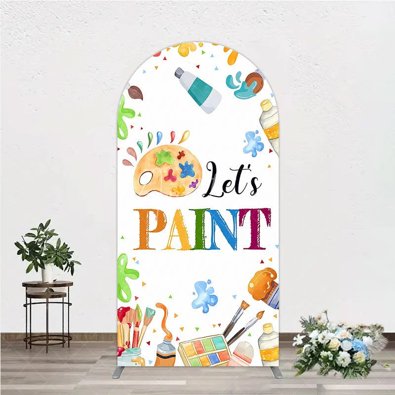 Aperturee - Aperturee Vibrant Colorful Art Painting Theme Round Top Arch Backdrop featuring Paint Brushes and Palette for Kids Birthday