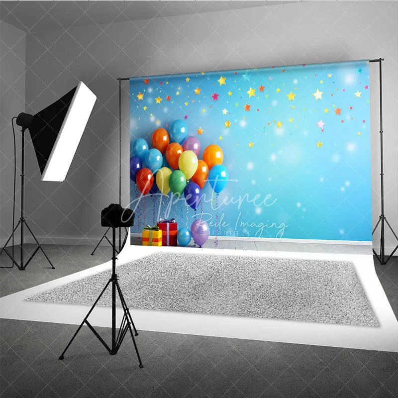 Aperturee - Aperturee Vibrant Colorful Balloons and Falling Stars Photography Backdrop Festive Birthday Party Celebration Decor