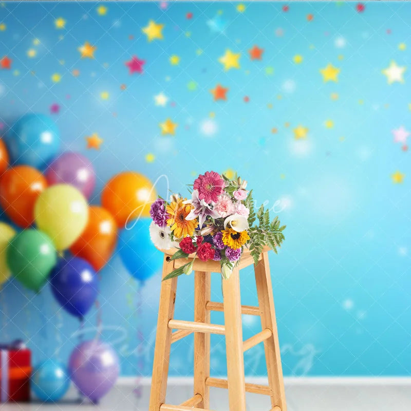Aperturee - Aperturee Vibrant Colorful Balloons and Falling Stars Photography Backdrop Festive Birthday Party Celebration Decor