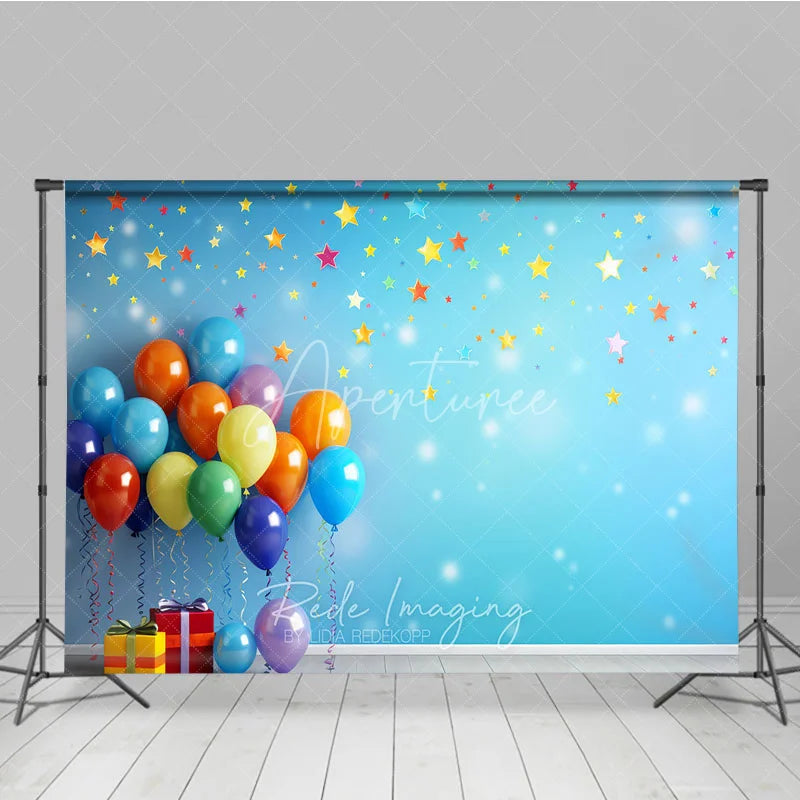 Aperturee - Aperturee Vibrant Colorful Balloons and Falling Stars Photography Backdrop Festive Birthday Party Celebration Decor