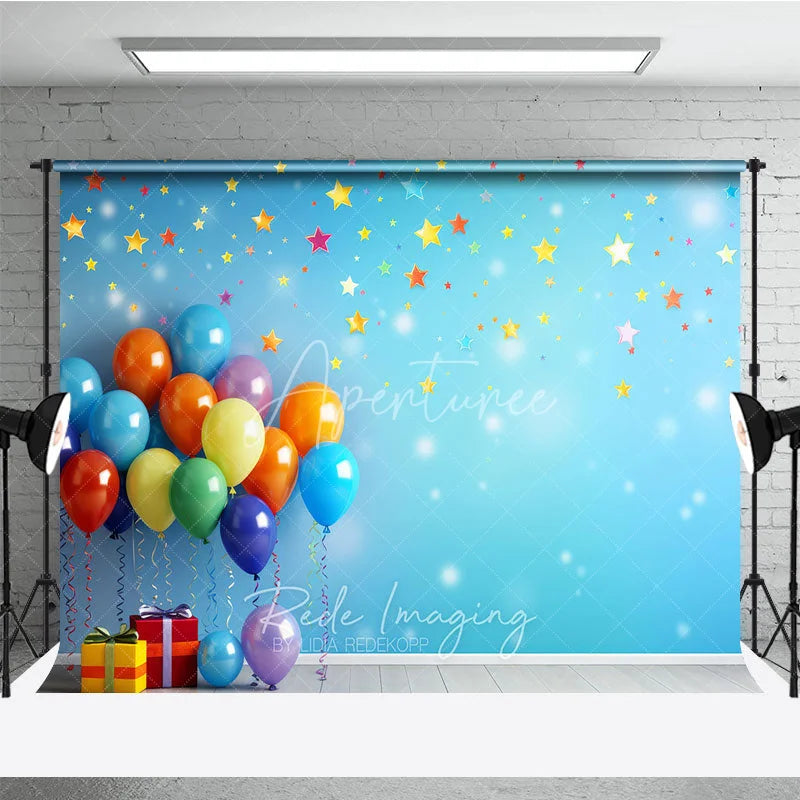Aperturee - Aperturee Vibrant Colorful Balloons and Falling Stars Photography Backdrop Festive Birthday Party Celebration Decor