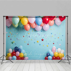 Aperturee - Aperturee Vibrant Colorful Balloons and Star Confetti Sky Blue Photography Backdrop Perfect for Birthday Party and Baby Shower