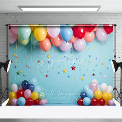 Aperturee - Aperturee Vibrant Colorful Balloons and Star Confetti Sky Blue Photography Backdrop Perfect for Birthday Party and Baby Shower