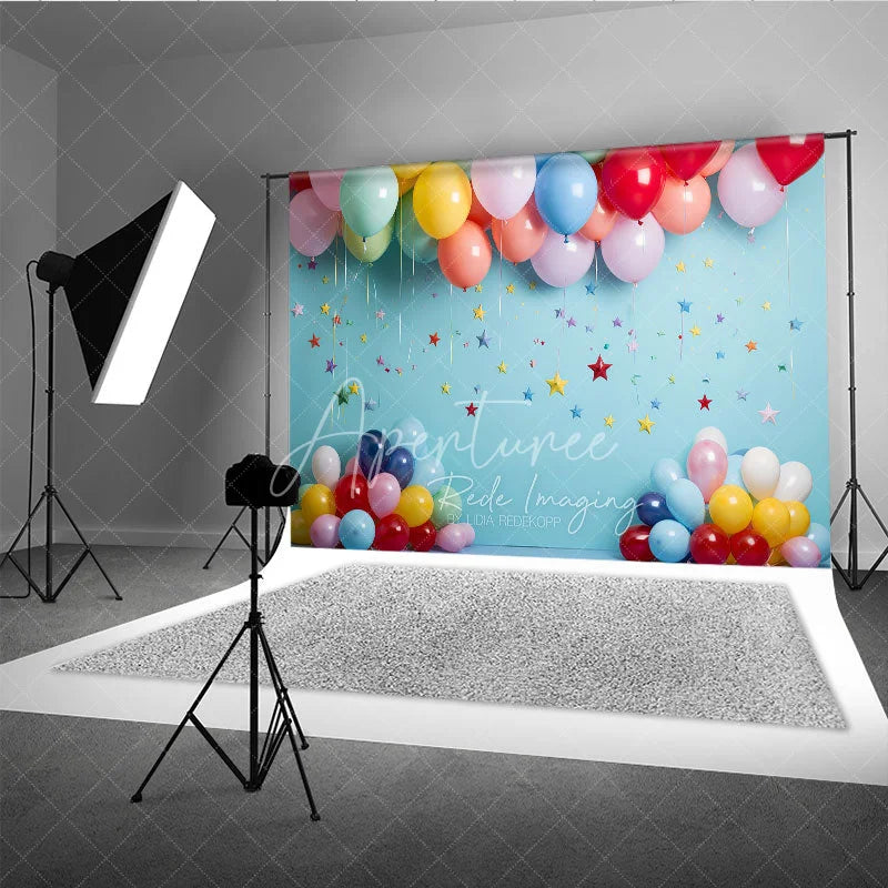 Aperturee - Aperturee Vibrant Colorful Balloons and Star Confetti Sky Blue Photography Backdrop Perfect for Birthday Party and Baby Shower