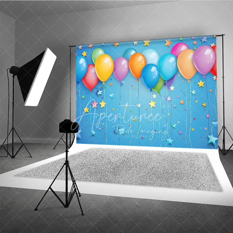 Aperturee - Aperturee Vibrant Colorful Balloons and Stars Photography Backdrop Festive Blue Background for Birthday Party Celebration