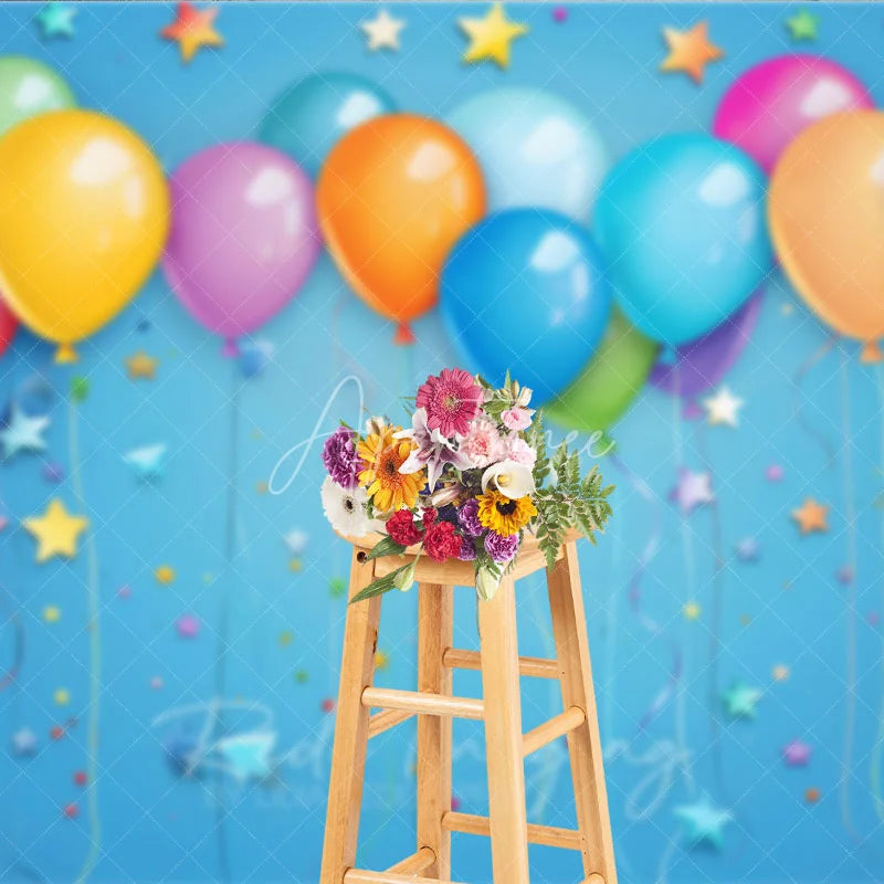 Aperturee - Aperturee Vibrant Colorful Balloons and Stars Photography Backdrop Festive Blue Background for Birthday Party Celebration