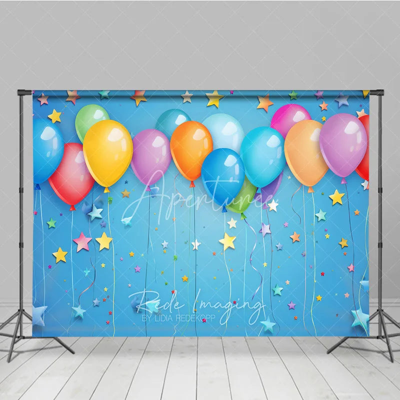 Aperturee - Aperturee Vibrant Colorful Balloons and Stars Photography Backdrop Festive Blue Background for Birthday Party Celebration