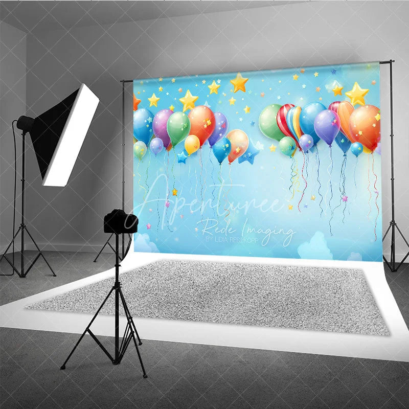 Aperturee - Aperturee Vibrant Colorful Balloons and Stars Photography Backdrop Light Blue Sky Festive Celebration Party Decor for Kids