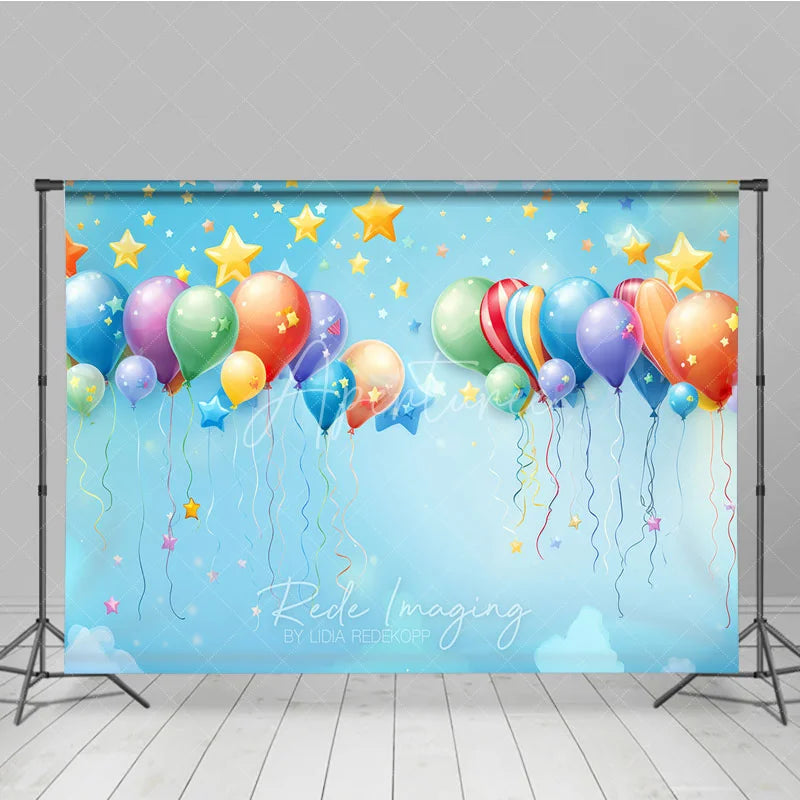 Aperturee - Aperturee Vibrant Colorful Balloons and Stars Photography Backdrop Light Blue Sky Festive Celebration Party Decor for Kids
