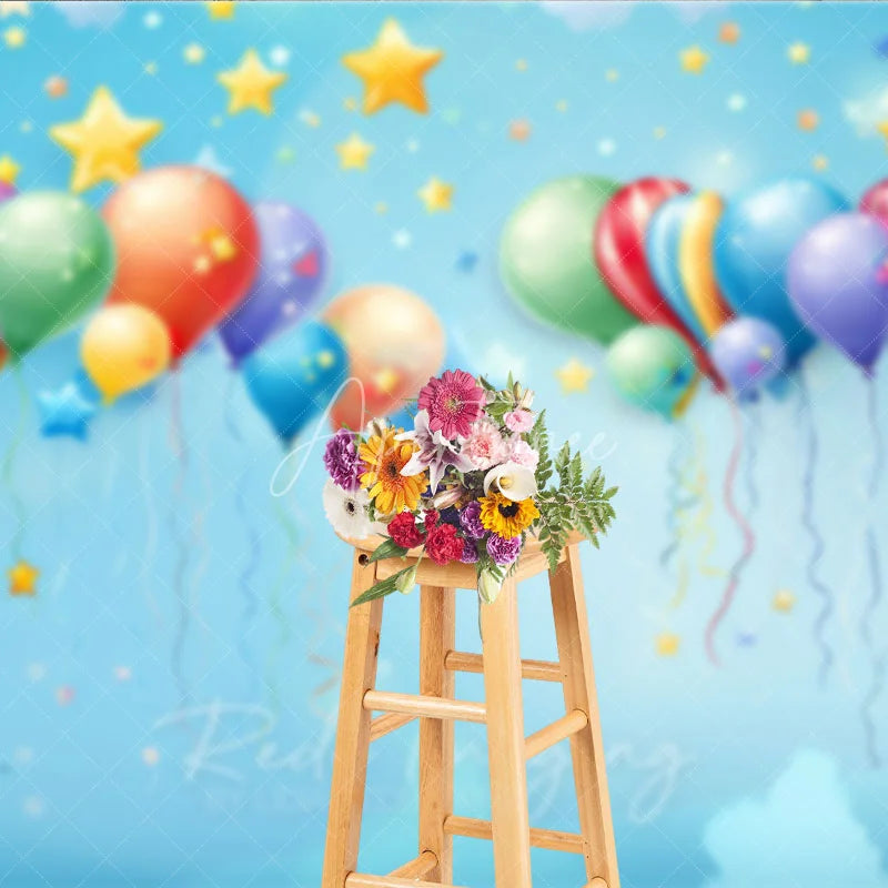 Aperturee - Aperturee Vibrant Colorful Balloons and Stars Photography Backdrop Light Blue Sky Festive Celebration Party Decor for Kids