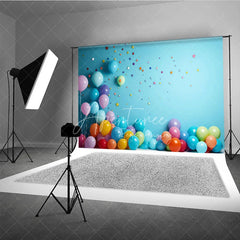 Aperturee - Aperturee Vibrant Colorful Balloons and Stars Photography Backdrop Light Blue Wall for Birthday Party Celebration