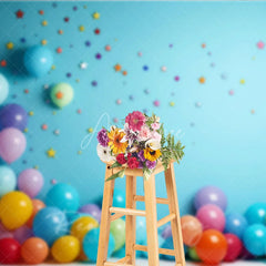 Aperturee - Aperturee Vibrant Colorful Balloons and Stars Photography Backdrop Light Blue Wall for Birthday Party Celebration