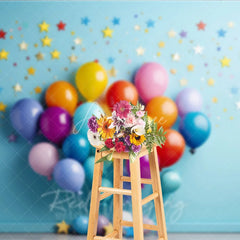 Aperturee - Aperturee Vibrant Colorful Balloons Photography Backdrop with Scattered Stars and Confetti Birthday Party Celebration