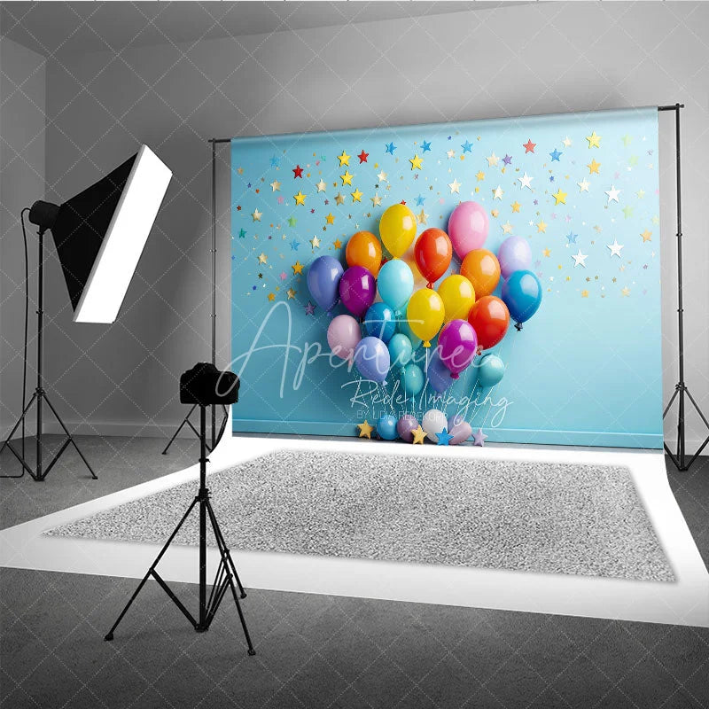 Aperturee - Aperturee Vibrant Colorful Balloons Photography Backdrop with Scattered Stars and Confetti Birthday Party Celebration
