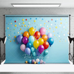 Aperturee - Aperturee Vibrant Colorful Balloons Photography Backdrop with Scattered Stars and Confetti Birthday Party Celebration