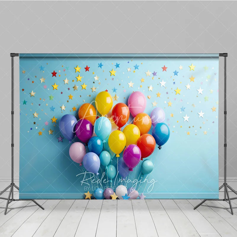 Aperturee - Aperturee Vibrant Colorful Balloons Photography Backdrop with Scattered Stars and Confetti Birthday Party Celebration