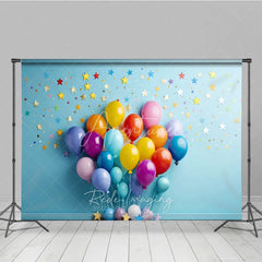 Aperturee - Aperturee Vibrant Colorful Balloons Photography Backdrop with Scattered Stars and Confetti Birthday Party Celebration