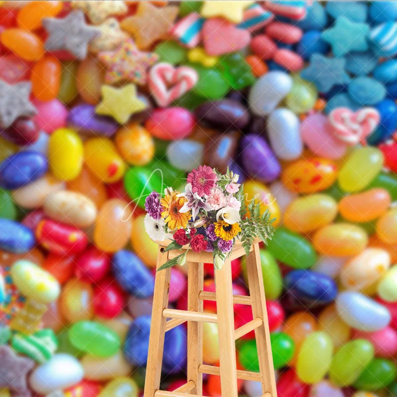 Aperturee - Aperturee Vibrant Colorful Candy Jelly Bean and Gummy Star Photography Backdrop Sweet Treat Dessert Table Party Decor