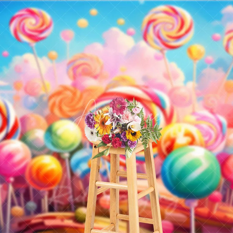 Aperturee - Aperturee Vibrant Colorful Lollipop Candy Land Photography Backdrop Sweet Swirl Candies for Kids Birthday Party
