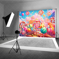 Aperturee - Aperturee Vibrant Colorful Lollipop Candy Land Photography Backdrop Sweet Swirl Candies for Kids Birthday Party