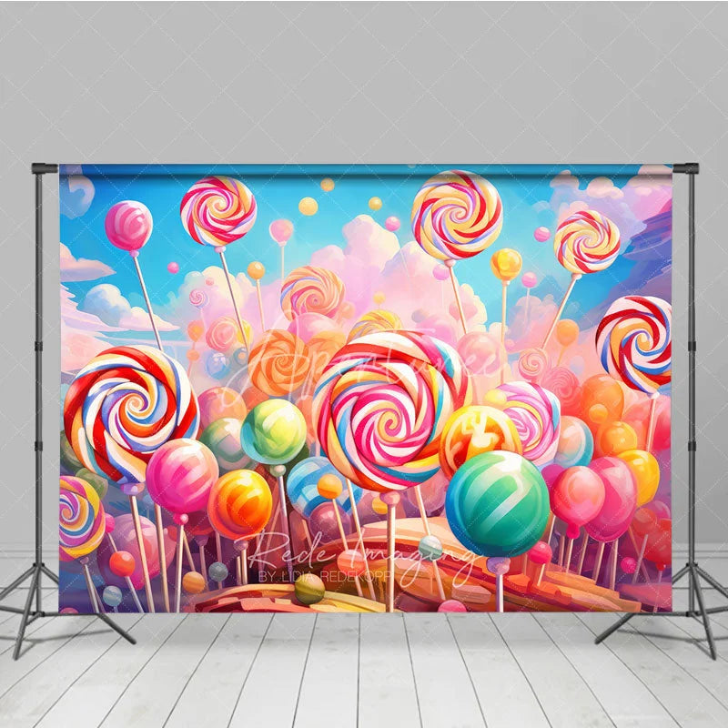 Aperturee - Aperturee Vibrant Colorful Lollipop Candy Land Photography Backdrop Sweet Swirl Candies for Kids Birthday Party