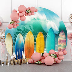 Aperturee - Aperturee Vibrant Colorful Surfboards on Sandy Beach with Crashing Ocean Wave Summer Tropical Party Round Backdrop