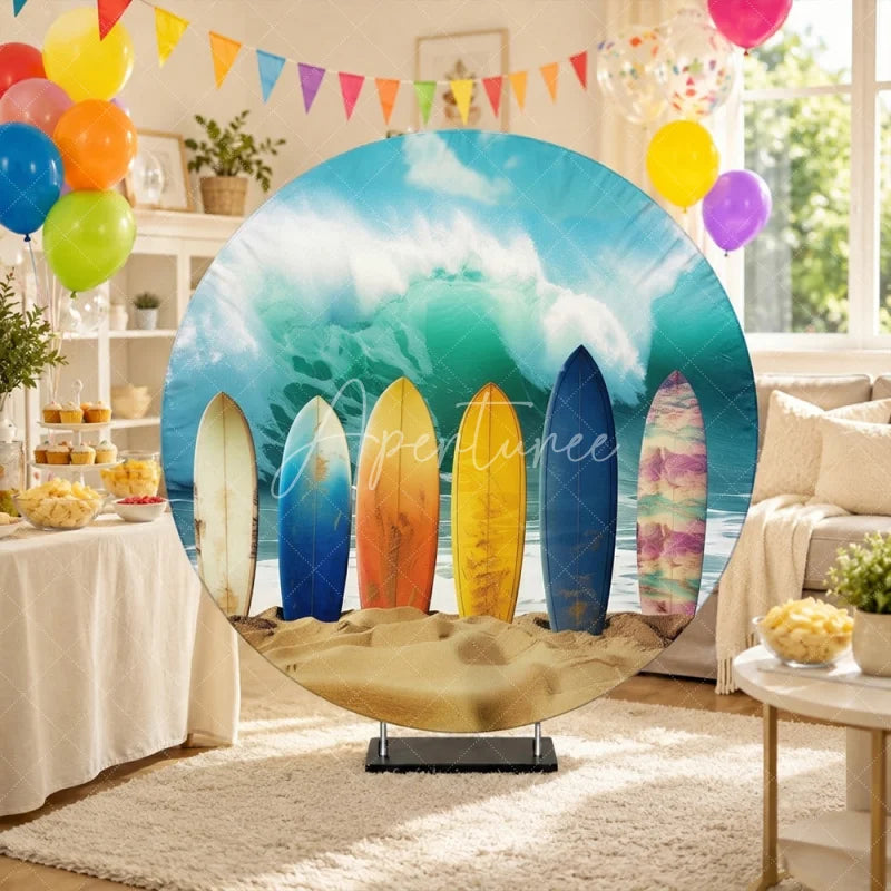 Aperturee - Aperturee Vibrant Colorful Surfboards on Sandy Beach with Crashing Ocean Wave Summer Tropical Party Round Backdrop